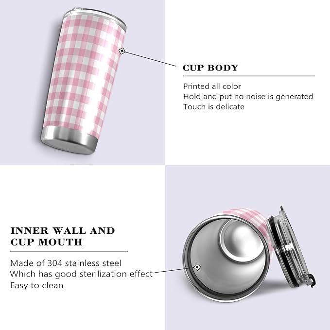 Tumbler Gingham Plaid Pink Insulated Coffee Cup Beverage Container Travel Mug with Straw and Lid Double Wall Stainless Steel 20oz BPA-Free for Sport, Back to School