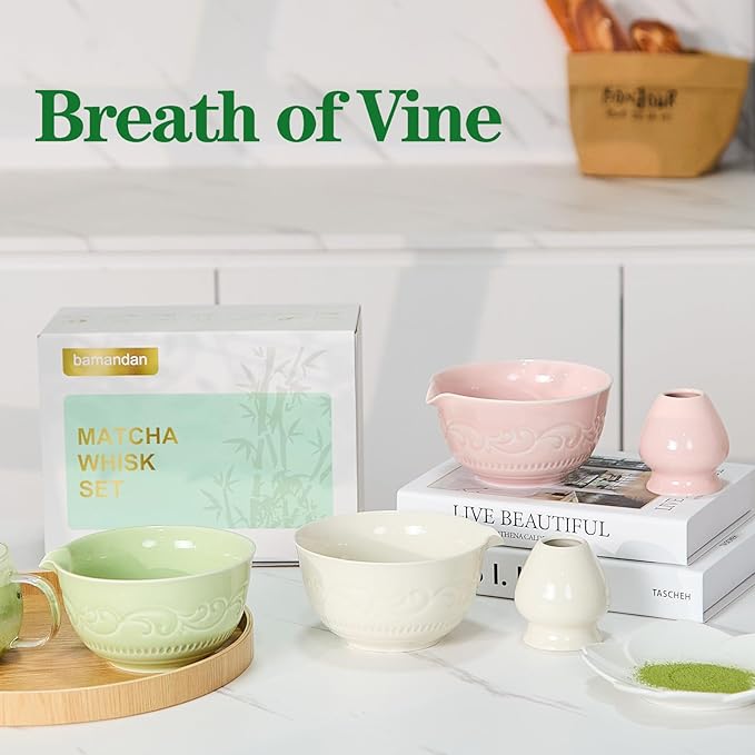 Matcha Whisk Set, Ceramic Matcha Set Kit, 7 Pcs Includes Bowl, Whisk and Holder, Bamboo Scoop, Scoop Rest, Strainer and Tea Towel （Freedom White）