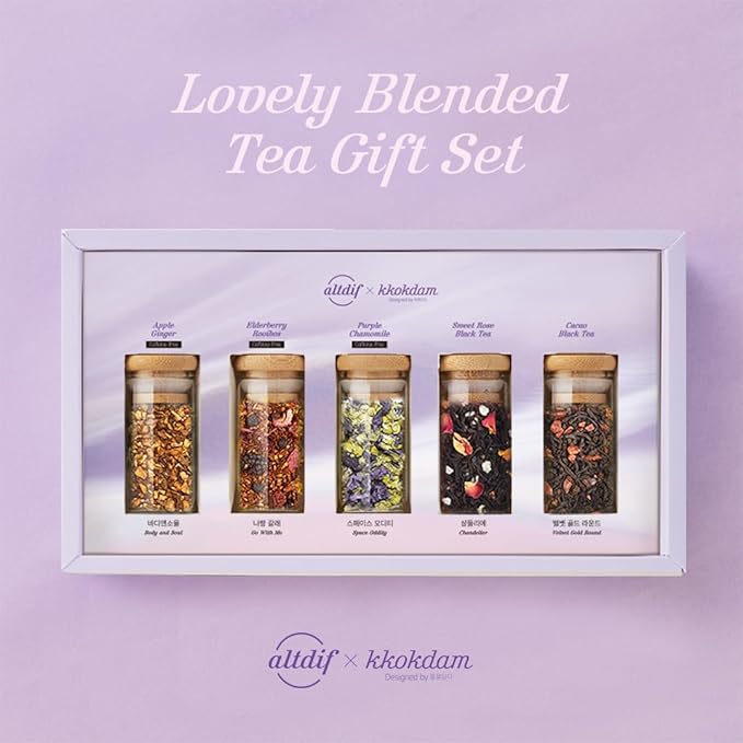 KKOKDAM Lovely Blending Tea Gift Set – Premium 5-Flavor Tea Sampler (3 Herbal & 2 Black Tea Blends) – Loose Leaf Tea Variety Pack in Glass Jars – Unique Korean Gift Box for Women, Mom & Tea Lovers