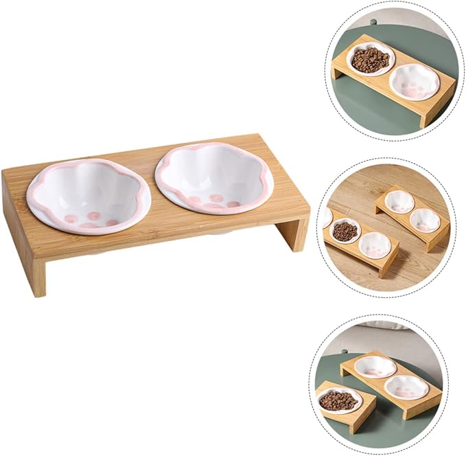 TOYANDONA Ceramic Raised Cat Bowl Whisker-Friendly Design Bamboo Stand for Kitten Feeding Easy to Clean