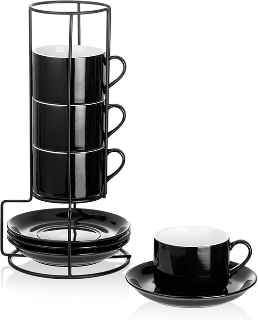 8oz Porcelain Stackable Cappuccino Cups with Saucers and Metal Stand Set of 4, Cappuccino Cups Set of 4, Black Coffee Cups for Espresso, Specialty Coffee Drinks, Latte, Americano and Tea