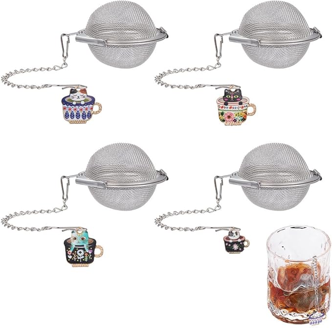 UNICRAFTALE 4 Sets 304 Stainless Steel Loose Leaf Tea Ball Mesh Tea Strainer with Alloy Enamel Pendants Round Tea Strainer Set with Cat Cup Pendant for Brew Tea, Spices & Seasoning