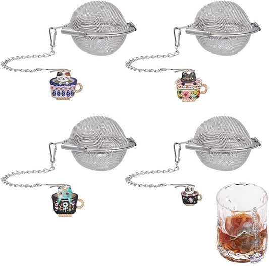 UNICRAFTALE 4 Sets 304 Stainless Steel Loose Leaf Tea Ball Mesh Tea Strainer with Alloy Enamel Pendants Round Tea Strainer Set with Cat Cup Pendant for Brew Tea, Spices & Seasoning