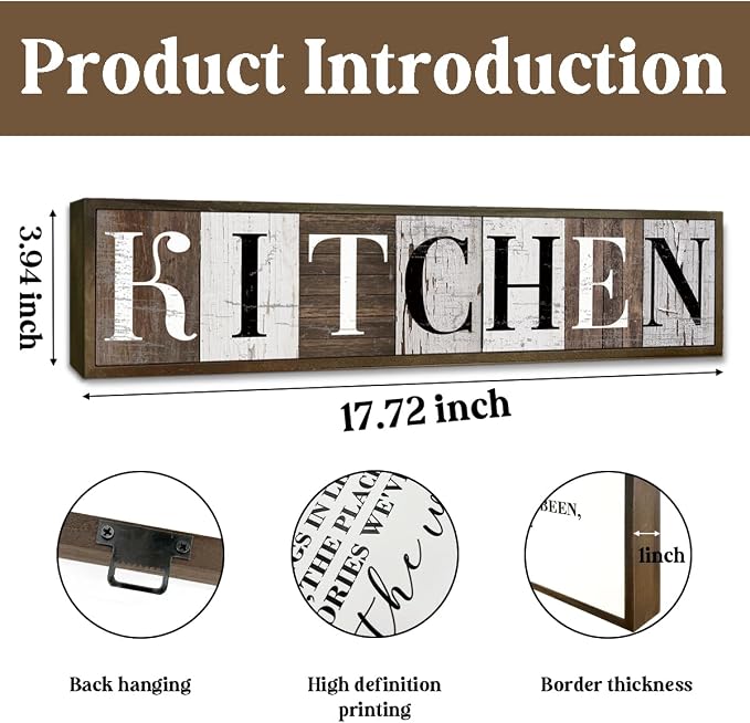 Kitchen Wood Sign, Farmhouse Decor, Wood Framed Kitchen Wall Plaque, Vintage Home Wall Decor, Table Shelf Decoration for Kitchens, Desk Decor Art, Framed Wooden Box Sign 17.8x4x1.2 inches - Image 2