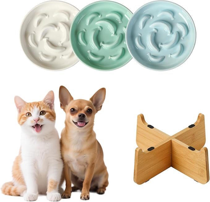 Elevated Slow Feeder Cat Bowls - 3 Melamine Dishes with 1 Bamboo Stand - Whisker Friendly Shallow Maze Plates for Slower Eating - White & Blue & Green