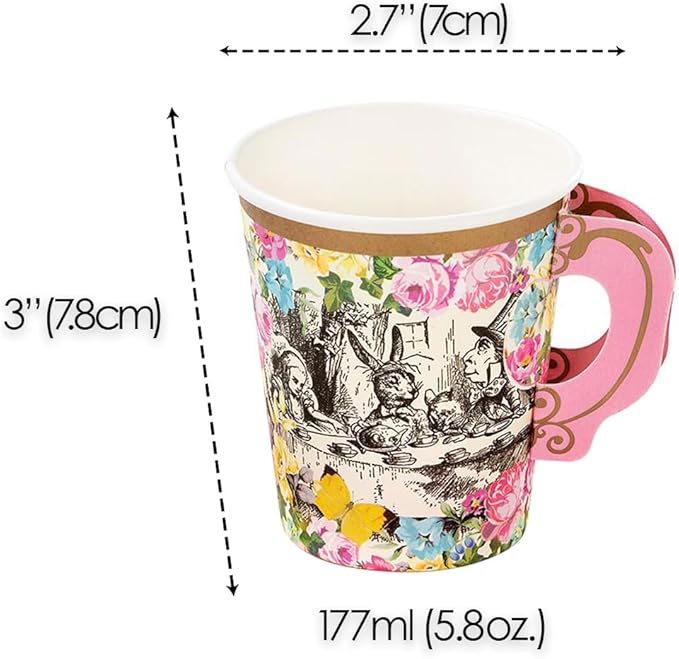 Talking Tables 12 x Alice in Wonderland Disposable Paper Teacup Set with Handle & Saucers Mad Hatter Afternoon Tea Party Table Decorations for Mother's Day, Onederland Birthday, Baby Shower, Wedding