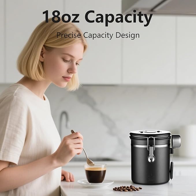 Bincoo Coffee Canister, Small Stainless Steel Coffee Bean Storage Container with Date Tracker, Airtight Coffee Canister with CO2 Valve & Free Scoop (800ML-Grey)