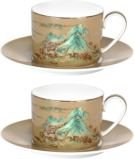 KAMMAK Tea Cups and Saucers Set of 2, Fine Bone China Coffee Cups, Stackable Espresso Mugs, Ceramic Demitasse for Coffee, Cappuccino, Latte, Americano, Tea, Large - River and Mountains