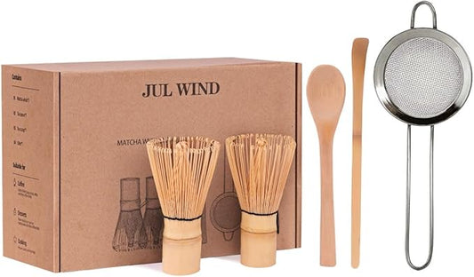 Bamboo Matcha Whisk Set with 2-pack 100% Natural Bamboo matcha Whisk,Sifter,Tea Scoop and Tea Spoon，Handcrafted Traditional Japanese Chasen, Matcha Kit for Authentic Matcha Tea Preparation