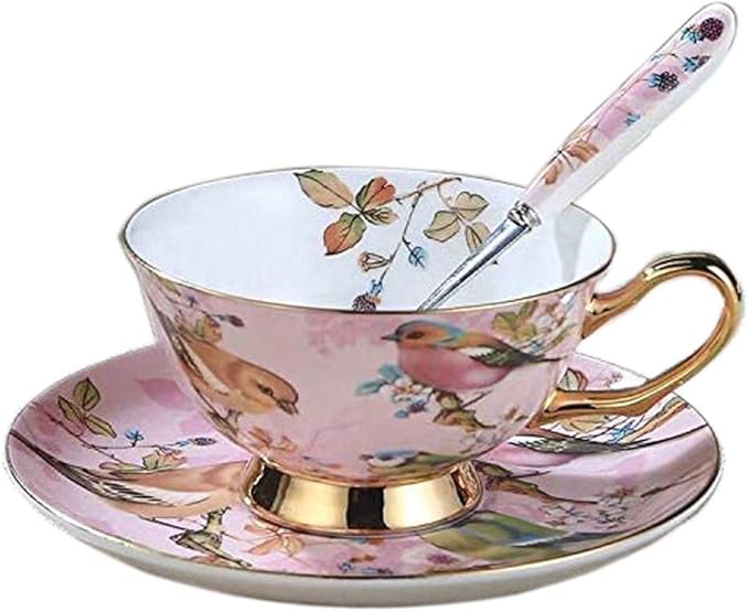 YBK Tech Euro Style Cup& Saucer Set Art Bone China Ceramic Tea Coffee Cup for Breakfast Home Kitchen- Birds and Trees Patterns (Light Pink)