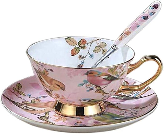 YBK Tech Euro Style Cup& Saucer Set Art Bone China Ceramic Tea Coffee Cup for Breakfast Home Kitchen- Birds and Trees Patterns (Light Pink)
