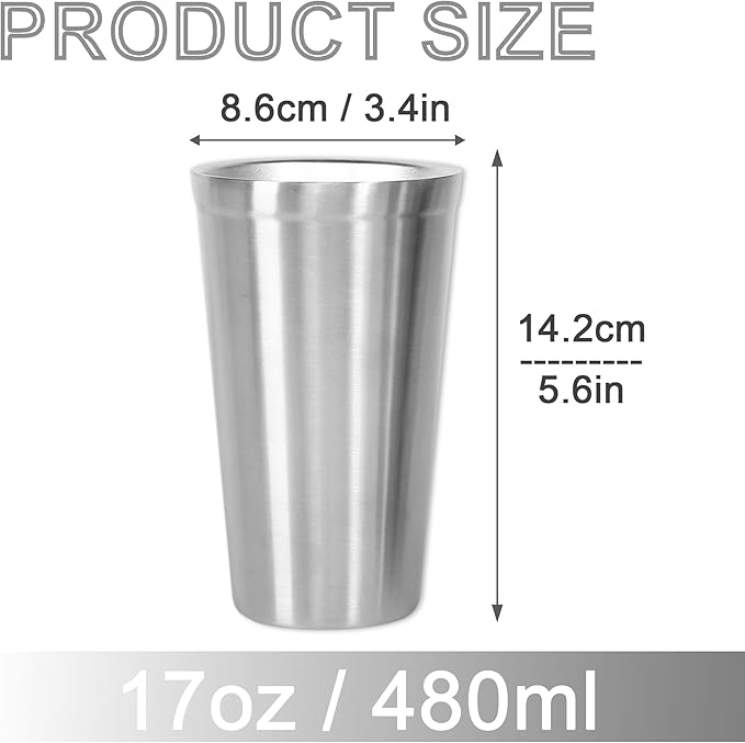 Youda Stainless Steel Double Walled Insulated Cups(Set of 2) Stackable, Coffee Cup/Tea Cup/Chilling Beer Glasses, Great for Kids, for Travel, Outdoor,Camping&Everyday, 16oz(Silver)