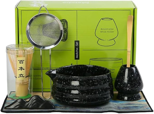 Matcha Set Matcha Whisk Matcha Bowl With Water Ladle Matcha Whisk Holder Tea Making Kit.Japanese Tea Set(7pcs)+1Spoon，Celadon Blue gift set… (Black spots)
