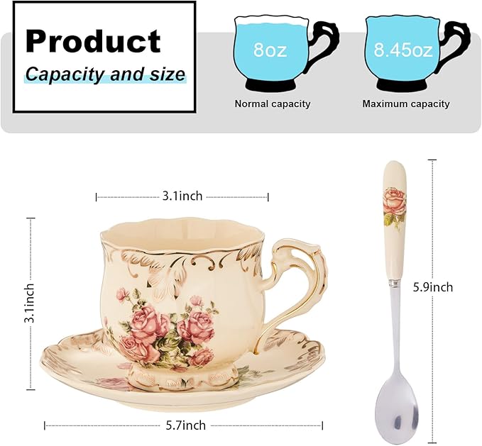 YOLIFE Tea Cups and Saucers Set of 2, Vintage Ceramic Tea Cups Set Floral and Gold Leaves Trim Design - 8 oz (Pink Rose with Gift Box(no stand))