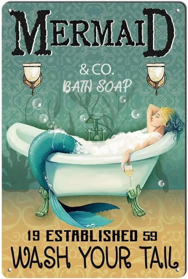 Mermaid Decor Vintage Funny Mermaid Bathroom Decor Vintage Metal Tin Sign - Wash Your Tail - Cafe Office Home Toilet Signs Room Bedroom Wall Decor 8X12Inch by bivrten