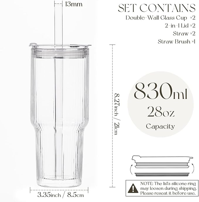 KEMORELA 28 oz Double Wall Glass Tumblers Set of 2, Extra-Wide 13mm Reusable Glass Drinking Straws, Boba Tumbler, Wide-Mouth Water Cups for Iced Coffee, Smoothies, Boba & Tea Lovers (Ribbed)