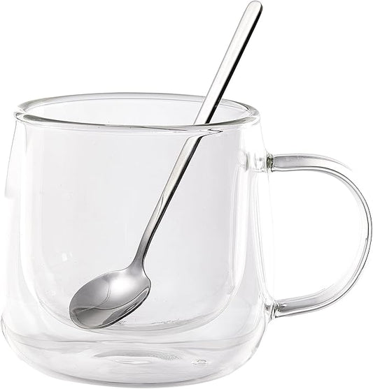 Double Wall Insulated Latte Glasses 10oz with Handle - Set of 1, Clear Glass Mugs for Cappuccino, Espresso, Tea & Hot Drinks