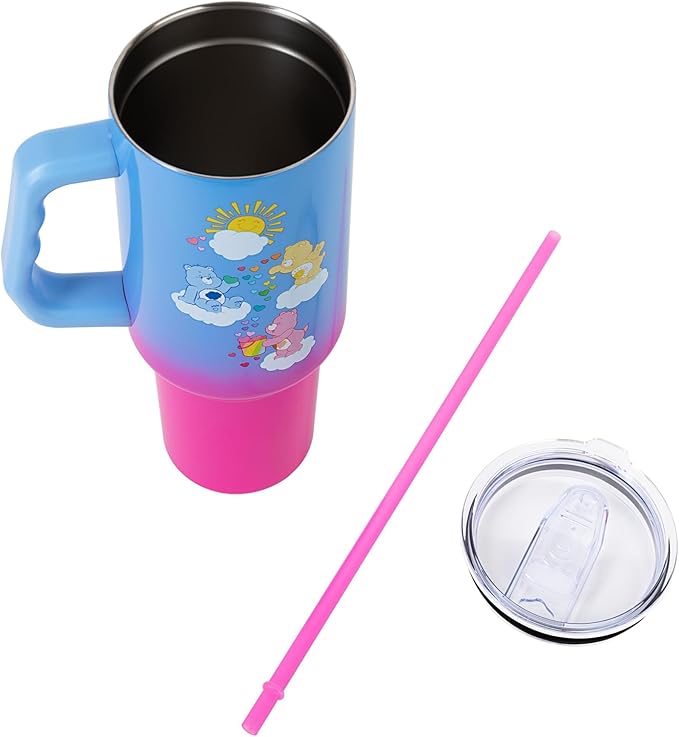 Silver Buffalo Care Bears Featuring Grumpy Bear, Funshine, and Love-A-Lot Bear Heart Showers Ombre Double Walled Stainless Steel Tumbler with Handle and Straw, Fits in Standard Cup Holder, 40 Ounces