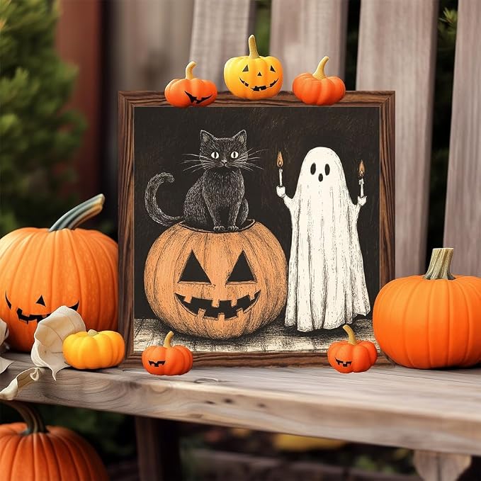 Halloween Decorative Sign Black Cat, Ghost, Pumpkin Wooden Sign, With Frame Farmhouse Festival Plaque Sign for Home Office, Cafe, Bathroom Halloween Decor 7.87x7.87 Inch - Image 7