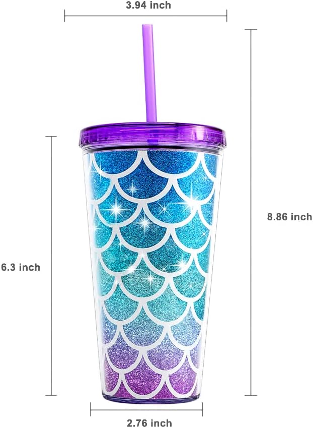 Home Tune Cute Glitter Tumbler Cups with Lid and Straw, Double Wall Insulated Acrylic Cup, 22 oz / 650ml (Mermaid)