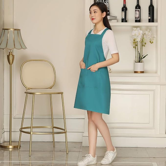 NEWGEM 100% Cotton Cross Back Apron for Women with 2 Pockets - Adjustable Button Straps Pinafore, No Neck Pain Kitchen Chef Apron for Baking, Gardening, Art Teacher (Light Green) - Image 3