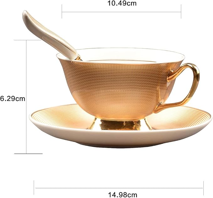 Bone China Golden Stripe Tea Cup with Saucer Spoon Set (7oz) - Cappuccino, Coffee, Tea Cup Set - British, Porcelain - Latte - Mother's Day Gift