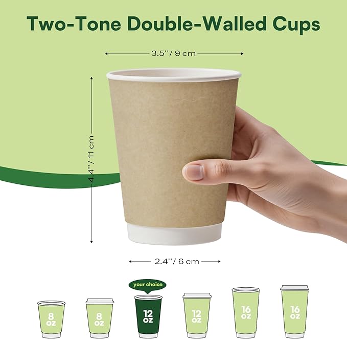 12 oz Compostable Coffee Cups 120 Pack, BPI Certified Double Wall Insulated Hot Cups, PLA Coated Natural Kraft Paper Cups for Office, Coffee Bar & Travel