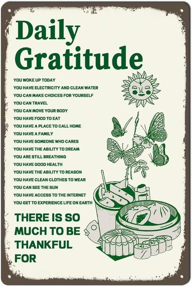 Daily Gratitude Metal Tin Sign 12x8 Inch Positive Decor Inspirational Encouragement Gifts For Men Women Coworker Mom Aunt Teacher Green Boho Home Decor Aesthetic Apartment Coffee Room Office Wall by bivrten