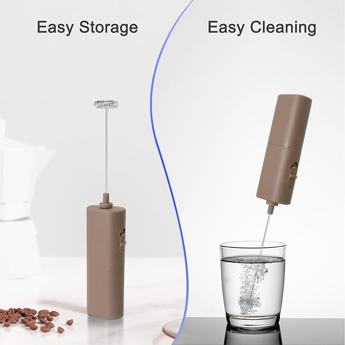 Portable Coffee Frother by ELMWAY, Battery Operated Electric Whisk, Mini Milk Frother Handled for Coffee, Latte, Matcha and Protein Powder - Brown
