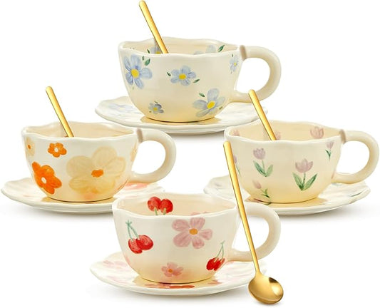 Vesici 4 Set Ceramic Flower Coffee Mug with Saucer Spoon 8.5 oz Vintage Floral Aesthetic Mugs Cute Tea Milk Cup for Women Mom Gift, Dishwasher and Microwave Safe (Mixed Styles)