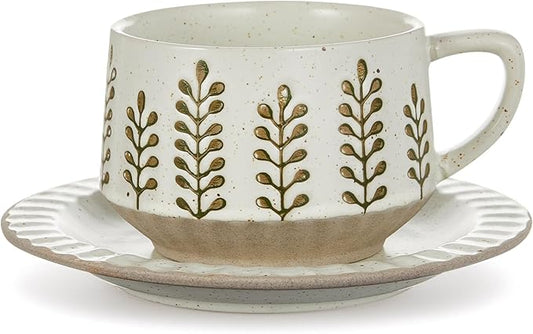 LemonRoad 1 Set Vintage Tea Cup and Saucer Set Floral Tea Cup with Saucer 10oz Porcelain Vintage Coffee Mugs for Spring Party Birthday Gift Coffee (Leaves Design)