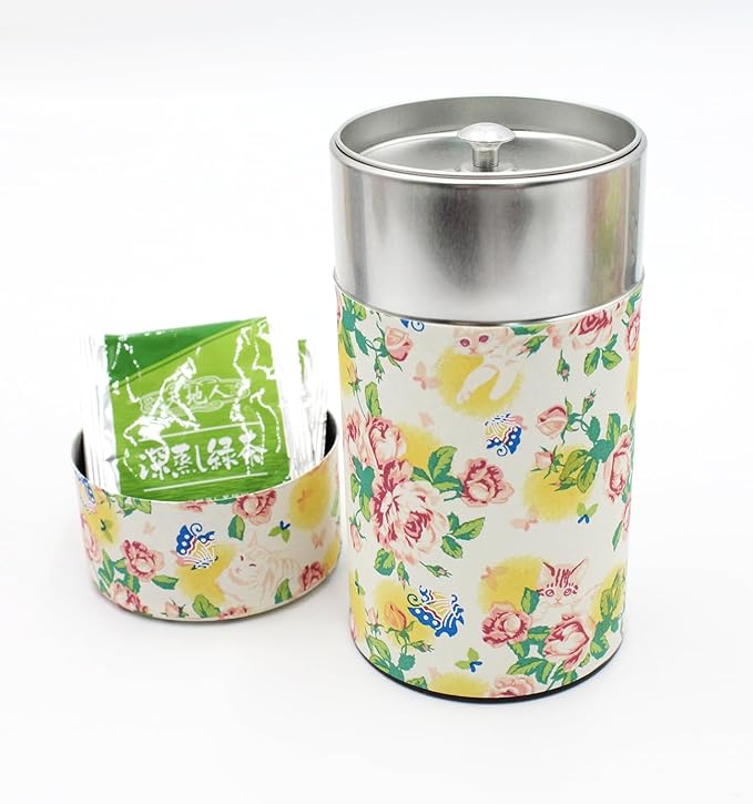 Japanese Pokkan Matcha Coffee Spice Tea Tin Canister Washi Paper Storage with Lid 7.05 oz Capacity (Neko/L)