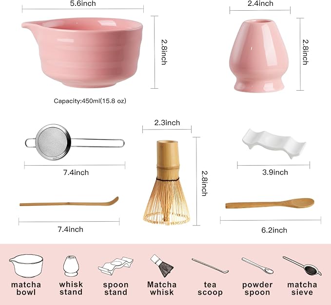 YOLIFE 7 Pcs Matcha Whisk Set, Includes Matcha Bowl with Spout, Bamboo Whisk (Chasen) with Ceramic Holder, Scoop and Powder Spoon, Sifter, Matcha Kit for Ceremony (Pink)