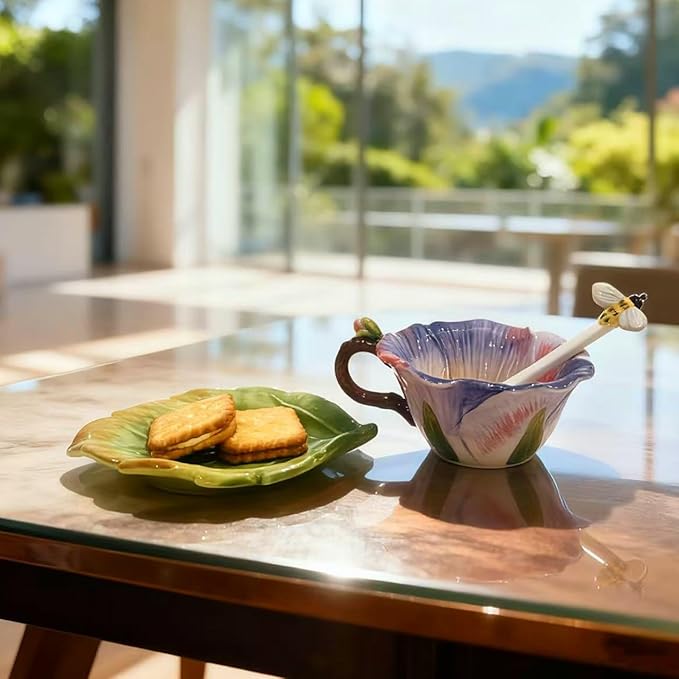 Ceramic Pansy Coffee Cup and Saucer Set with Spoon，6OZ 3D Hand-Painted Flower Tea Mug，Gift for Women (Pinkish Purple)
