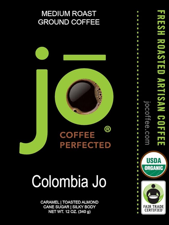 Colombia Jo: 12 oz, Organic Ground Gourmet Coffee, Medium Roast, Creamy Body, Fair Trade Certified, USDA Certified Organic, 100% Arabica, NON-GMO, Gluten Free, Gourmet Specialty Grade by Jo Coffee®