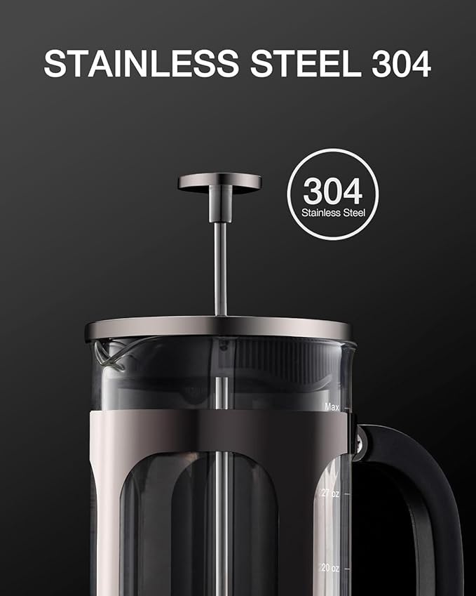 BAYKA French Press Coffee Maker, Easy to use,Large 304 Stainless Steel Coffee Press, Cold Brew Heat Resistant Thickened Borosilicate Coffee Pot for Camping Travel Gifts, 34 Ounce, Dark Pewter