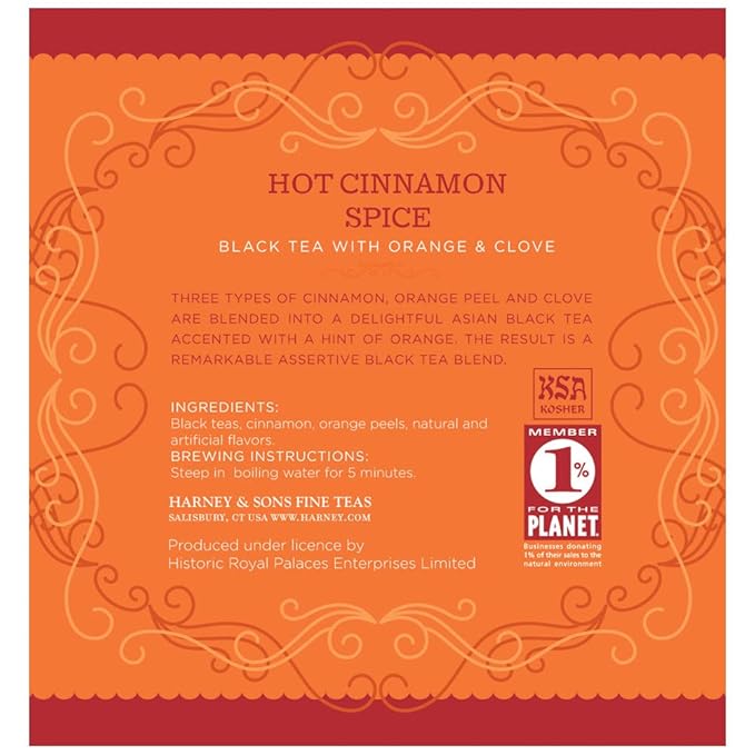 Harney & Sons Hot Cinnamon Spice Tea Tin - Black Tea with Orange & Sweet Clove - 2.67 Ounces, 30 Sachets