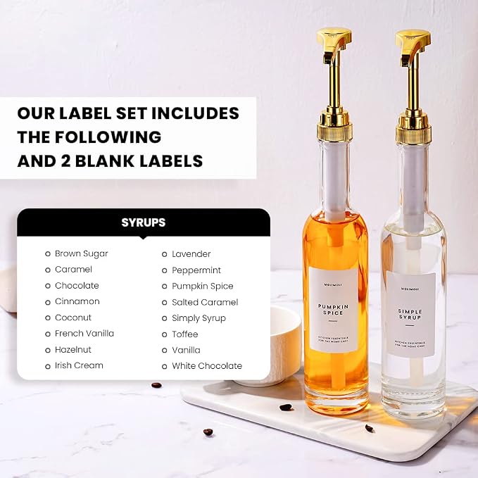 MoliMoli Coffee Syrup Dispenser for Coffee Bar, 350mlCoffee Pump Dispenser, Glass Syrup Bottle w. Pumps, Simple Syrup Dispenser w. Labels,Set of 2, (Gold) - Image 2