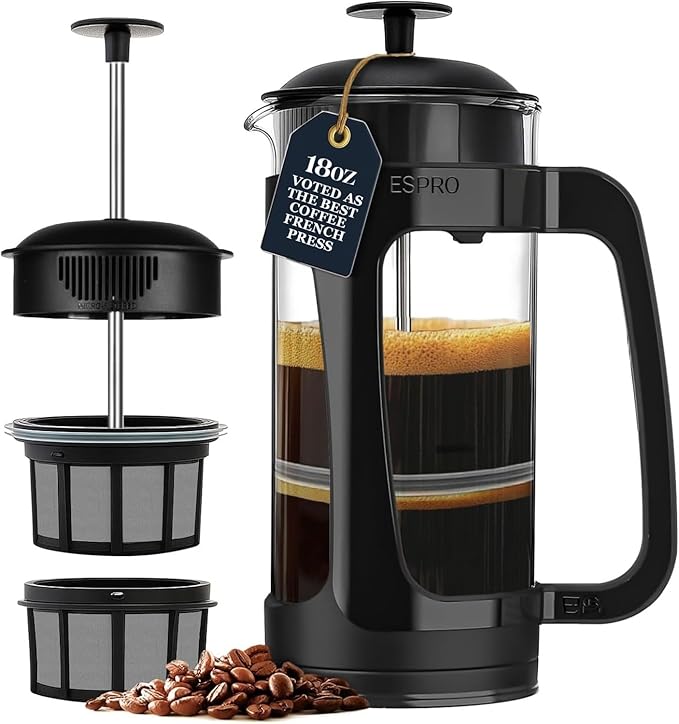ESPRO P3 French Press Coffee Maker – Patented Double Micro-Filter for Grit-Free Brew, Heat Resistant thicker Borosilicate Glass Coffee press – (18 oz)