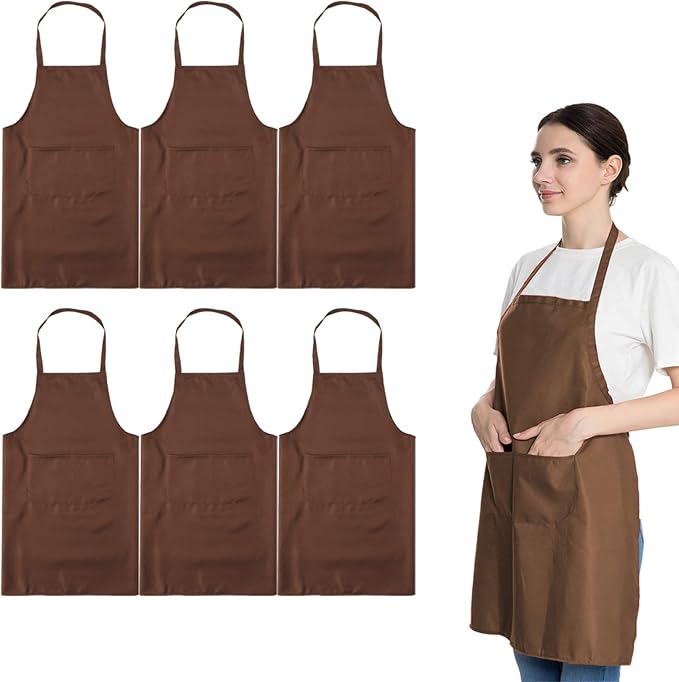 Total 6PCS Brown Bib Apron Adult with 2 Pockets for Women Men Chef Cooking Kitchen (6, Brown) by LOYHUANG