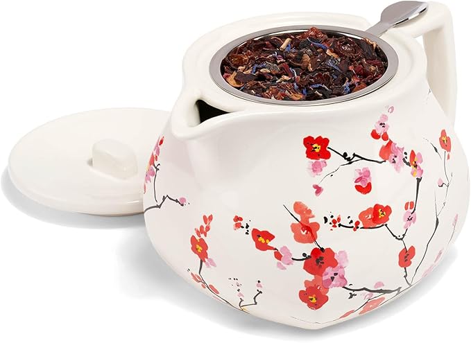 Tea Forte Fiore Sakura Cherry Blossom Ceramic Teapot with Removable Stainless Steel Infuser Basket and Lid, Steeps 24 oz. Loose Leaf Tea, Lid and Teapot Dishwasher & Microwave Safe