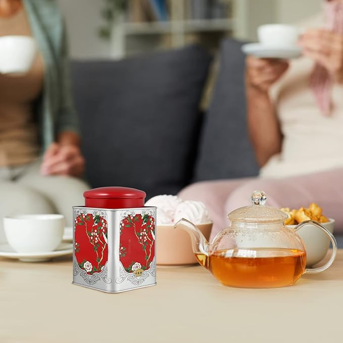BESPORTBLE Red Tinplate Tea Canister with Airtight Double Lids - Square Sealed Storage Container for Loose Tea, Coffee, Spices, and Candy - 4.01X4.01X5.90In
