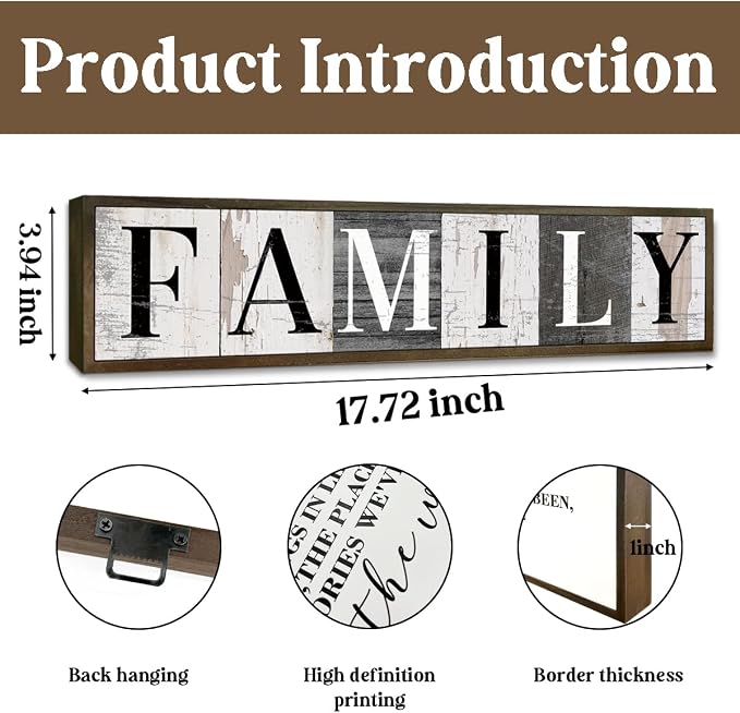 WKYAER Vintage Family Sign, Family Wooden Box Sign for Wall, Rustic Hanging Signs and Plaques, Families Room Decor, Home Decor for Table Shelf, Farmhouse Wood Decoration 17.8x4x1.2 inches - Image 2