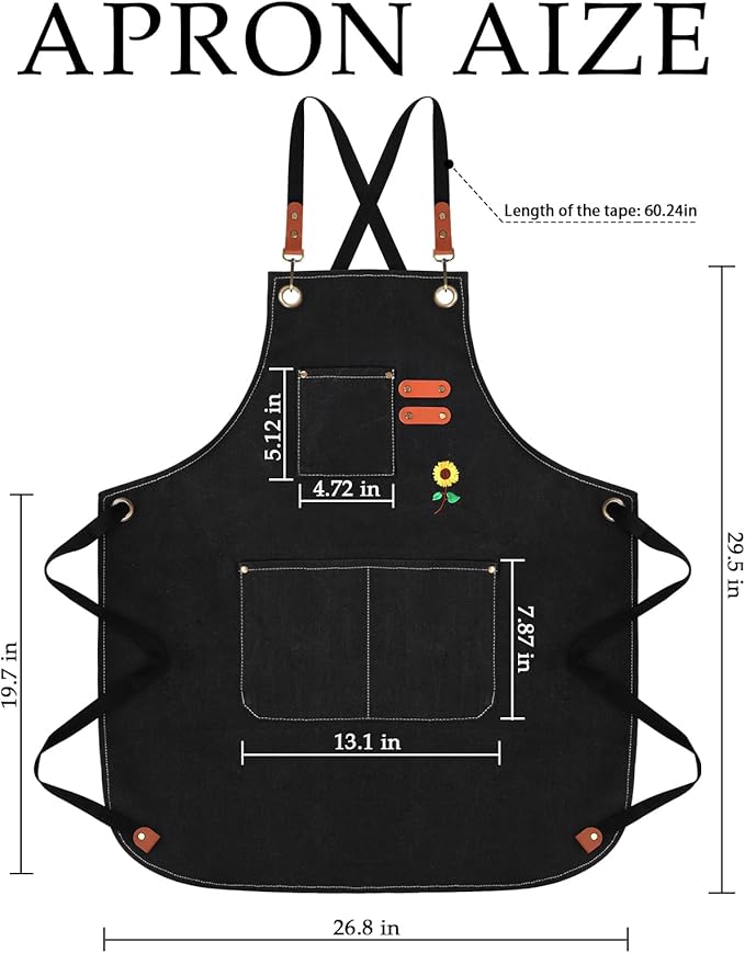 100% Cotton Canvas Apron | Unisex Cooking Apron for Men & Women with 3 Pockets & Adjustable Crossback Straps