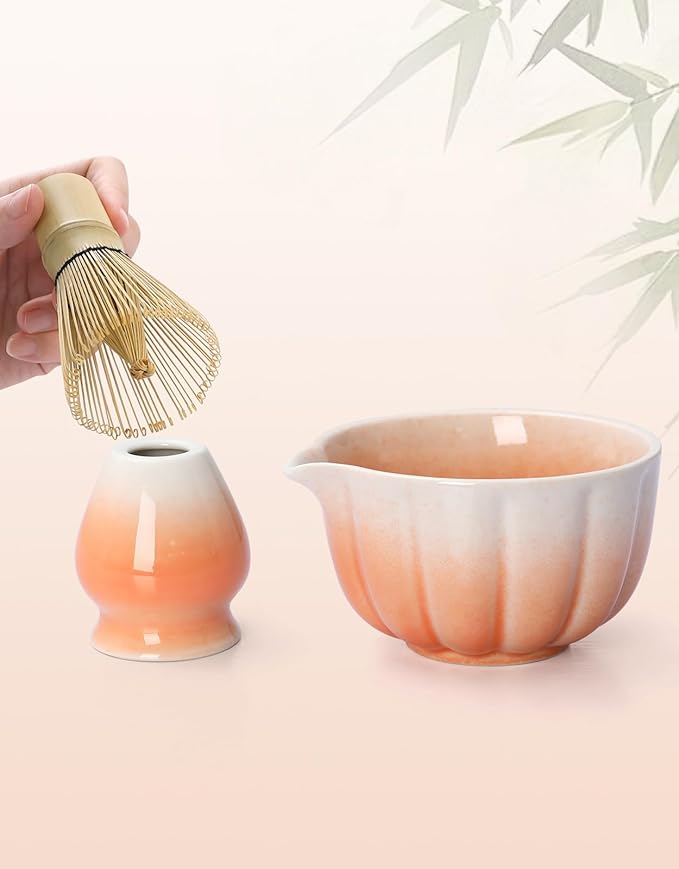 Matcha Whisk Set, 7 Pcs, Matcha Kit Includes Matcha Bowl, Matcha Whisk and Holder, Bamboo Scoop, Spoon, Sifter and Tea Towel, Matcha Set, Gift for Matcha Lovers & Beginners (Gradient Orange)