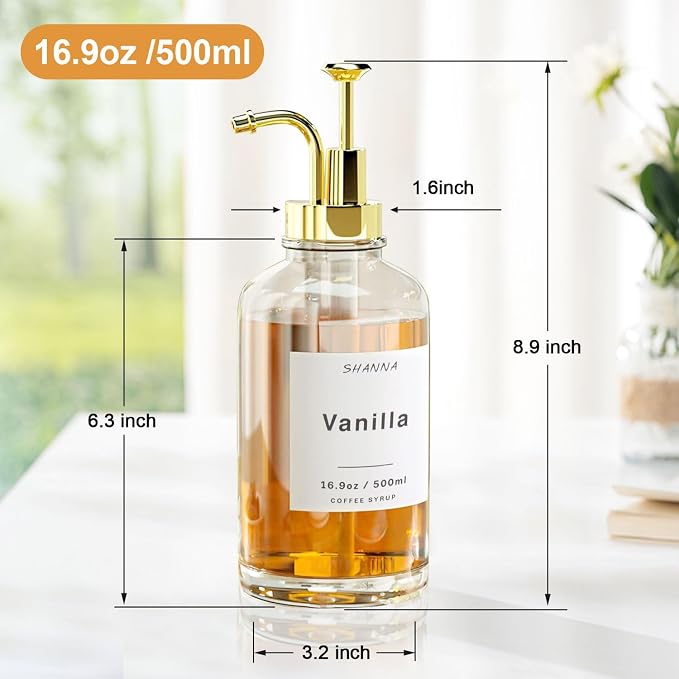 Coffee Syrup Dispenser for Coffee Bar, 16.9oz 500ml Glass Syrup Dispenser w Golden Coffee Scoop, Coffee Syrup Pump Dispenser w 36 Labels and Bamboo Tray, Coffee Syrup Bottles with Golden Pump, 2PCS - Image 6