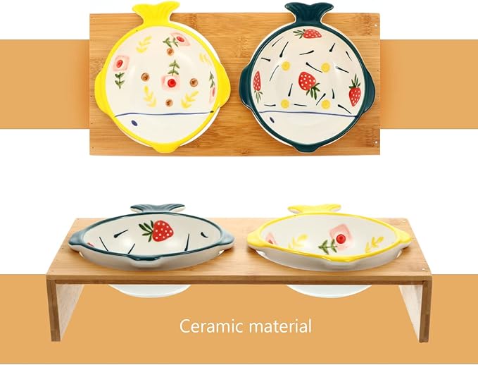 Creative Elevated Pet Bowls with Bamboo Stand Double Ceramic Puppy and Cat Bowls for Comfortable Feeding Joint Relief and Whisker Fatigue Prevention