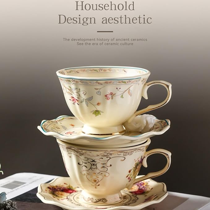 8 oz Vintage flower Ceramic cup and 6" saucer set with Brand customized stainless steel spoon Gifts for Afternoon Tea Coffee Hour (F)