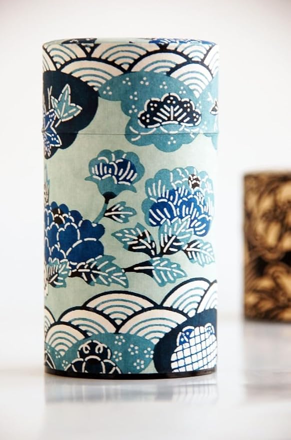 Japanese Pokkan Matcha Coffee Spice Tea Tin Canister Washi Paper Storage with Lid 7.05 oz Capacity (Han)
