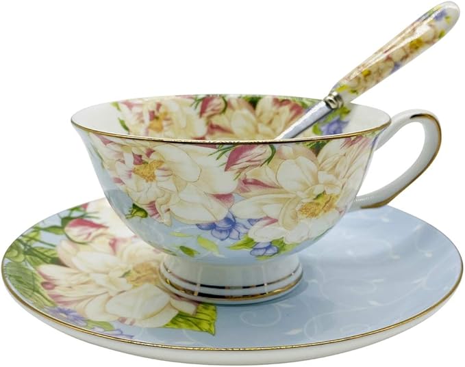 Vintage Ceramic Teacup, Elegant Coffee Cup with Spoon and Saucer Set, Fine Royal Bone China Tea Cups (Blue)